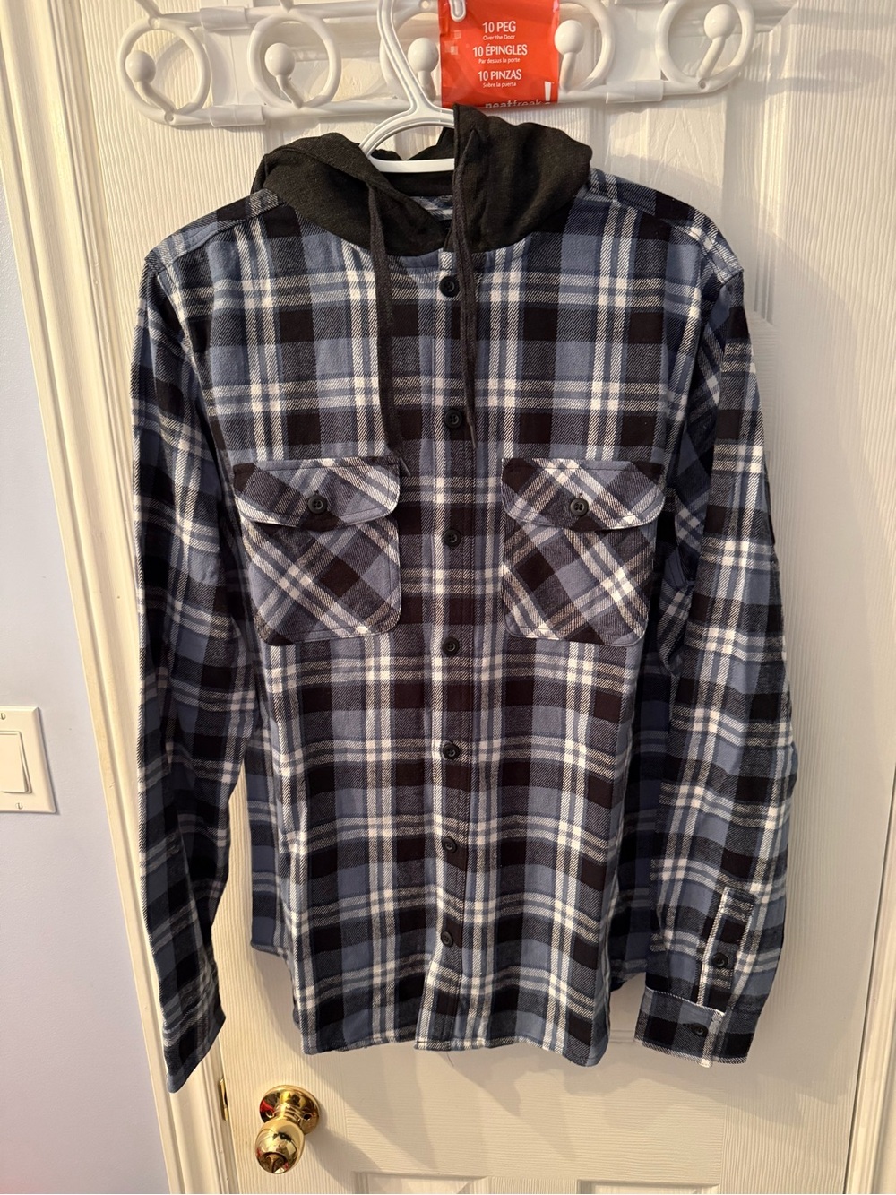 Bluenotes Black and Blue Plaid Hooded Long Sleeve Shirt